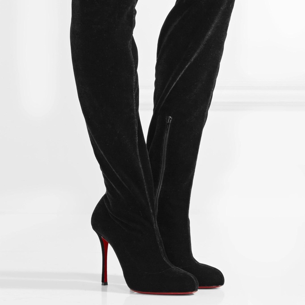 Christian Louboutin Black Over the Knee Boots CLASSE 100 Velvet Size 35
